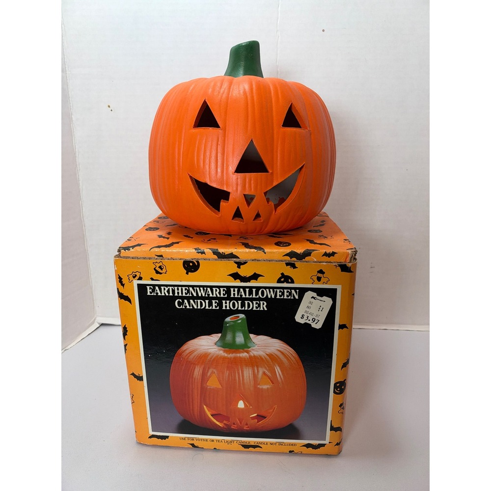 Vintage Kmart Halloween Candle Holder Orange Earthenware Jack O Lantern